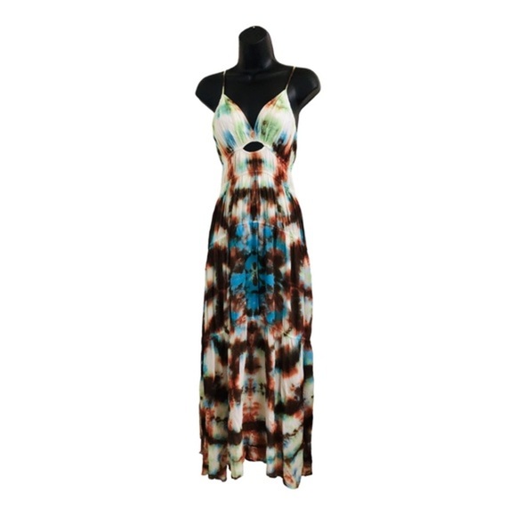 YFB Young fabulous & broke delphine chiffon blue brown tiedye cutout maxi dress - Picture 4 of 16